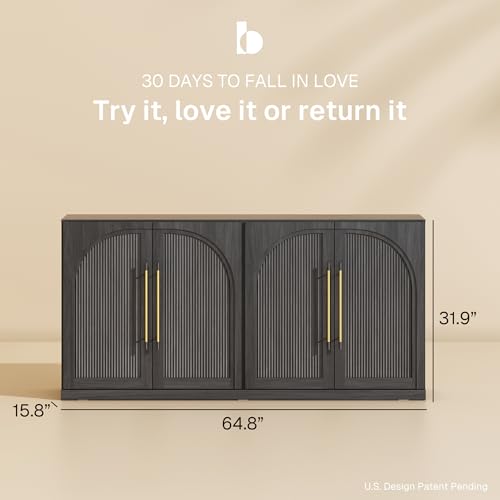 Image of BELLEZE Set of 2 65 inch Sideboard Cabinet with Double-Arc Wood Doors, Large Buffet Cabinet with Storage and Adjustable Shelves, Classic Modern Console Sideboard for Living Room Kitchen Entryway (Ebony)