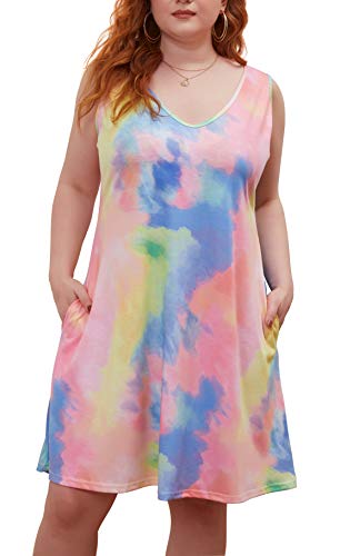 Image of Women Plus Size V Neck Sleeveless Floral Print Pocket T Shirt Dresses Casual Midi Tank Dress Beach Cover up Sundress (XL-5X)