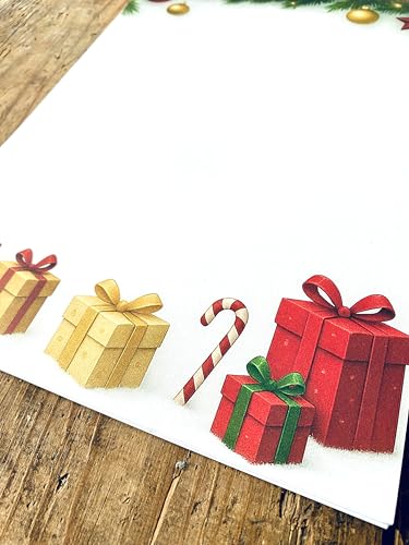 Weihnachtliches Briefpapier DIN A4 – 90 g/m² | Festliches Design mit Tannenzweigen, Kugeln & Geschenken | Für Weihnachtsgrüße, Einladungen, Karten, Gutscheine & Geschäftspost