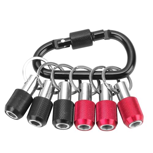 6Pcs Drill Bit Holder Keychain 1/4 Inch Hex Shank Screwdriver Bits Holder Quick Release Drill Extension Tools for Nut Driver Screwdriver Screw Drill Bits with Keychain Carabiner (3 Black 3 Red)