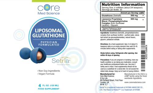 Liposomal Glutathione By Core Med Science - 500Mg - 4 Fl Oz - Setria® - Antioxidant Supplement - Made In Usa #TOP1