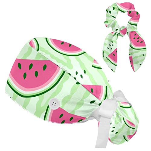 Working Cap with Bow Scrunchies Adjustable Bouffant Scrub Caps Watermelon Stripe Pattern Working Head Cover for Women Long Hair