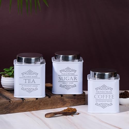 Image of Metallure Home Artisanal Kitchen Storage Jars | Tea, Coffee and Sugar Containers Set of 3 | Airtight Metal Containers for Home | Food Container Set with Secure Lid | Food Safe Kitchen Jar Set (White)