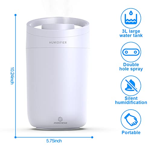 Puoenfgr Humidifier For Bedroom Large Room(3L),Ultra-Quiet Operation 28Db,Easy To Use Evaporative Double Cool Mist Outlet,Suitable For Baby Kids,Women Etc (Digital White) #TOP1