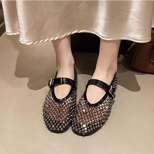 Women Vintage Ballerina Flats Mary Janes Mesh PU Shoes, Candy Colors Diamond Design, Lightweight Casual Girls Teens2