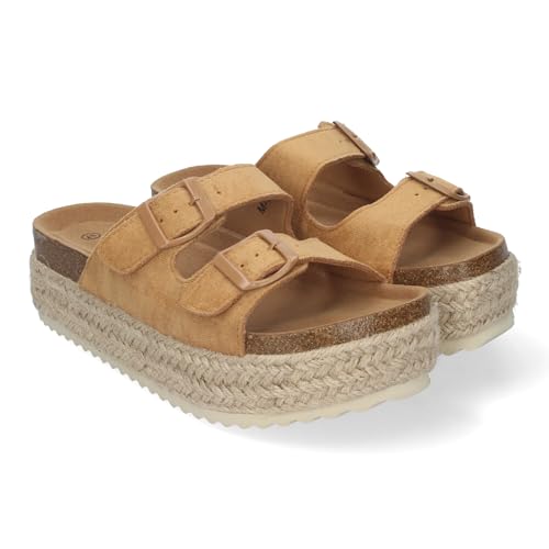 shoes&blues.es 84763 Sandalia de Plataforma para Mujer, Comodas y Elegantes, Forradas de Yute, con Planta Anatomica, y Cierre de Hebillas, Ideales para Primavera Verano Taupe Talla 38