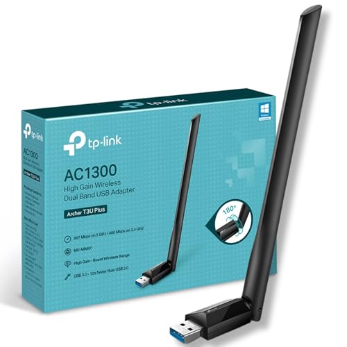 TP Link AC1300 High Gain USB 3.0 Wi Fi Dongle, Dual Band MU MIMO Wi Fi Adapter with 5dBi Antenna for PC/Desktop/Laptop, Supports Windows 11/10/8.1/8/7 (Archer T3U Plus)