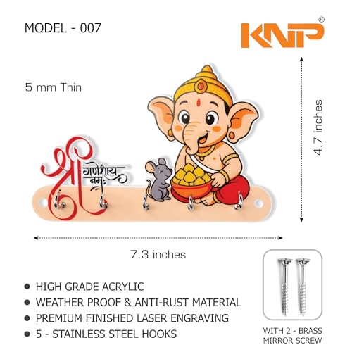 Image of KNP Art Acrylic Key Holders, Premium HD UV Printed, Multipurpose Key Stand for Home, Office Decor, Weather Proof, Anti-Rust, Wall Mounted Key Holder, Cartoon Theme, (Ganesha)