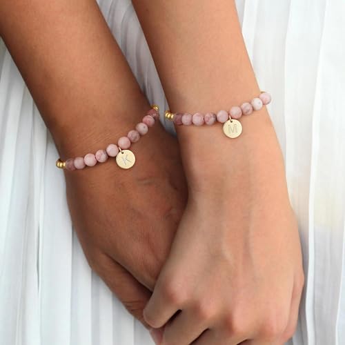 Ritach Initial Bracelets for Girls - Pink Zebra Natural Stone Bracelet Real Gold Plated Beaded Bracelets Adjustable Disc Initial Bracelets for Girls Kids Teen Girl Gifts3