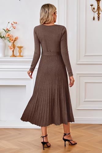 Arach&Cloz Women's Wool Blend Tie Waist Pleated Fall Sweater Dress 20254