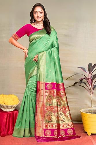 Image of C J Enterprise Women's Pure Kanjivaram Silk Saree Paithani Soft Wedding Sarees With Blouse Piece (Chand paithani)