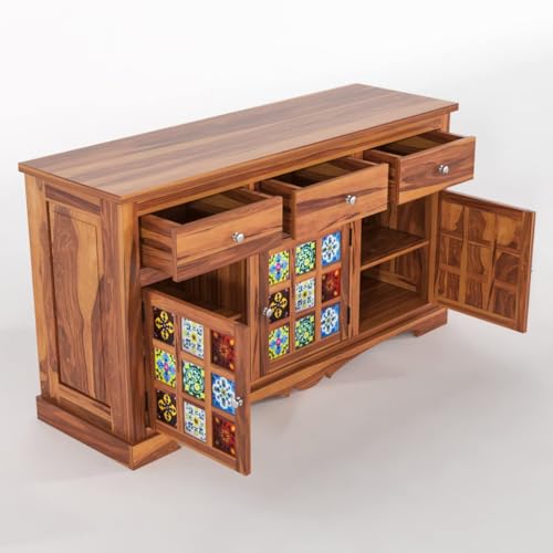 Image of Sheesham Wood Sideboard and Cabinets | Wooden Side Board Tv Cabinet with Multicolor Tiles for Living Room | Free Standing Buffet Cabinet with 3 Drawers & 3 Door Storage | Natural Finish