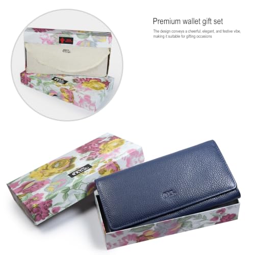 Image of Women's Top Grain Leather Wallet, RFID Blocking Bifold clutch, 17 Card Slots, Zip Pocket Organizer, Elegant Gift for Women - Birthday, Valentine, Anniversary - BLUE