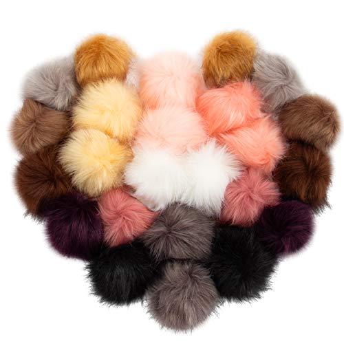 24 Pcs Faux Fur Pom Pom for Hats - Pom Poms Fluffy Balls with Elastic Loop for Crafts Hats Fur Knitting Accessories Keychain Shoes Bags Scarves Gloves Dolls (12 Colors)