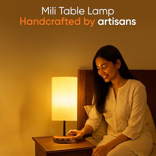 Image of AAKRITI ART CREATIONS Mango Wood Table Lamp for Study Room, Bedroom & Living Room Decoration | Modern Minimal Contemporary Bedside Lamp with Cotton Fabric Shade | Aesthetic Night Lamp