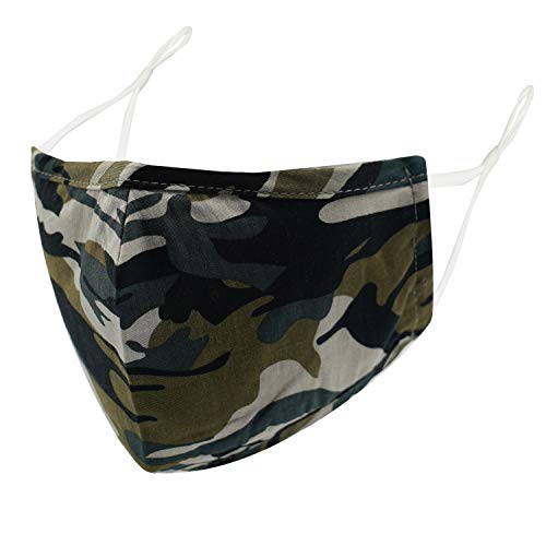 Camo Cloth Reusable Face Mask - Cotton Fabric Washable 3 Layer Face Covering with Adjustable Ear Loops and A Nose Bridge in A Dark Green Colored Designer Military Camouflage