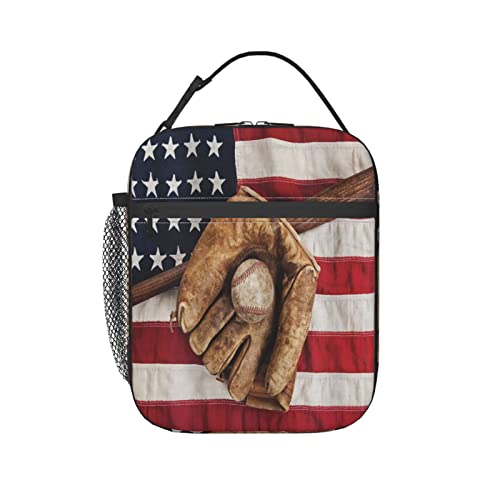 Lunch Bag For Women/Men,Vintage Baseball League Equipment Usa Glove Bat Fielding Sports Theme,Reusable Lunch Box For Office Work School Picnic Beach,Leakproof Cooler Tote Bag Freezable Lunch Bag #TOP1