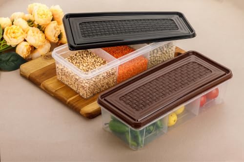 Image of MAGIC SPOON Multipurpose 3 Section Storage Container | Spice Box, Pickle Jar, Fridge Organizer, Dry Fruit, Vegetable & Kitchen Storage Container- Combo Pack (2000ml X 2) (BLACK-BROWN)