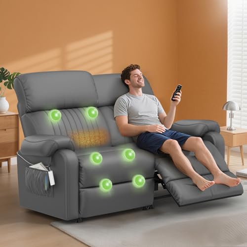 SQUEBILIFE 2 Seater Recliner Sofa 145 Reclining Loveseat with Massage & Heat Dual remote control Dual Side Pockets Recliner Armchair Reclining Chairs Love Seat Couches for Living Room RV