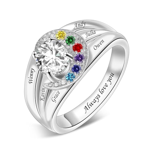 BAUMA AUTO Sterling Silver Personalized Mothers Ring with 1-8 Simulated Birthstones Engraving Family Name Ring for Mother Grandma Wife Girlfriend on Mother's Day Christmas Anniversary