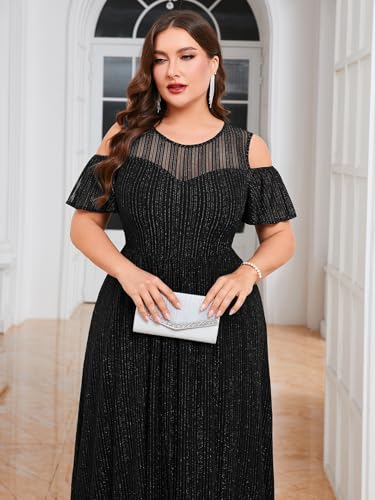 Image of ZOMVA Plus Size Sparkly Mesh Maxi Dress Cold Shoulder Ruffle Sleeve High Low A Line Dresses Wedding Guest Cocktail Party