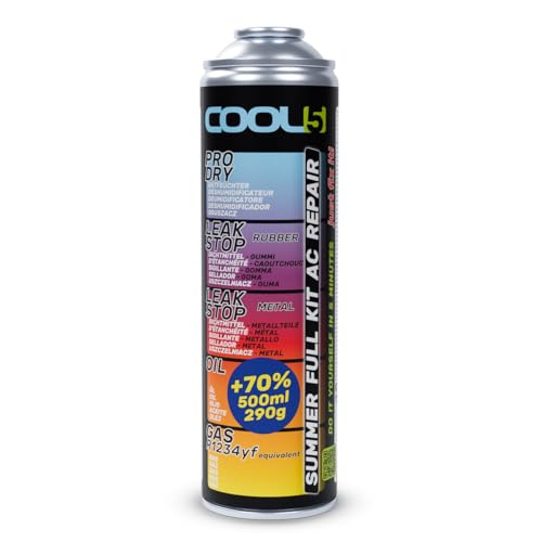 COOL5 (R1234YF) Summer Full Kit 5-in-1 Aircon Recharge & Repair (500ml) Extra Large 290g +70% Refrigerant Content ProDry LeakStop (Rubber&Metal) Oil & Gas 11.5cm Self-Blocking Valve AC Refill