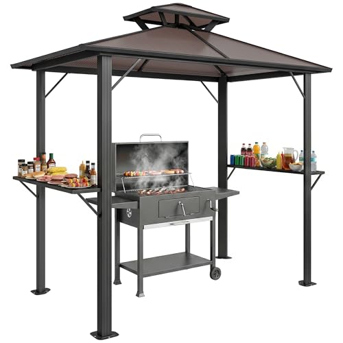 Outsunny Grillpavillon 2,5 x 1,5 m, Wasserdicht Grillüberdachung mit Doppeldach aus Polycarbonat Seitenregalen Aluminiumrahmen UV-Beständige Grill Pavillon Grillzelt für BBQ Garten Party Braun