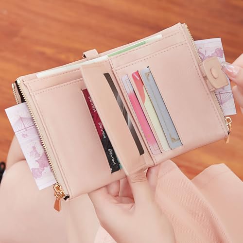 AOXONEL Wallets for Women Small Rfid Bifold Leather Ladies Wallet,Travel Billfolds Medium Size Card Holder with Removable Wristlet Chain,Multi-Card Slots,ID Window,Double Zipper Coin Pocket (Pink)4