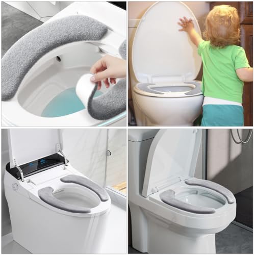 JRYXDS 2 Paar Flauschige Toilettensitzbezüge, Flauschig Grau, Haushalt Toilettensitzbezug Klebefixierung, Elektrostatische Wasserdicht, Ganzjahres Wärmender Toilettensitz, Herbst Und Winter Anti-Kält