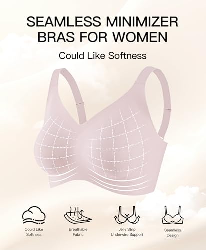 Redgray Women's Minimizer Bra Wireless Full Coverage Seamless Comfort Plus Size No Underwire Everyday T-Shirt Jelly Bra (36D, Pink)