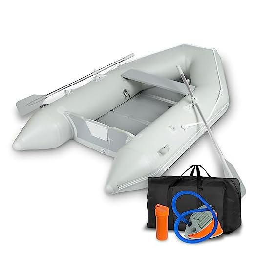 EBERTH Schlauchboot Angelboot Paddelboot aus robustem PVC für 3 Personen + 1 Kind, 2,70m x 1,50m Boot mit Sitzbank, 2X Paddel, Holzboden, Reparaturset, Pumpe, Tragetasche, Beladung bis 485 kg