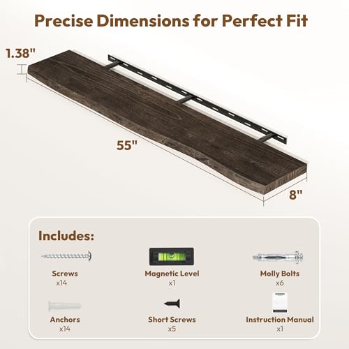 Image of Vivelove Wood Floating Shelves Live Edge 55 inch Set of 1, Dark Walnut