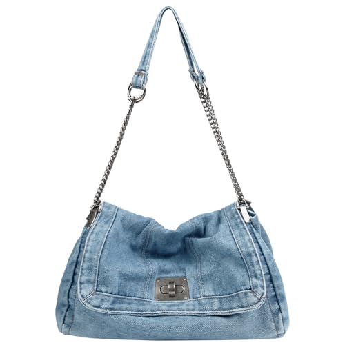 Denim Tote Bag for Women Fashion Adjustable Chain Shoulder Handbag Crossbody Bag Retro Zipper Hobo Purse