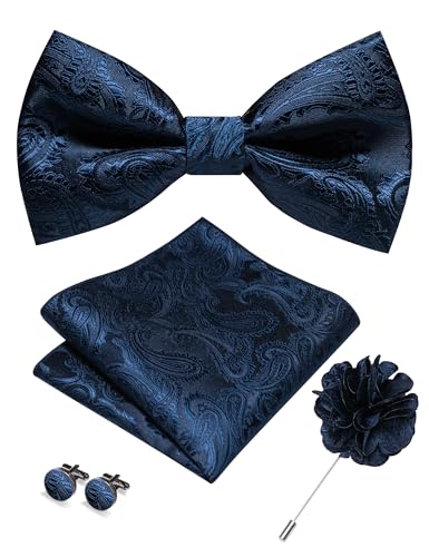 Image of RBOCOTT Paisley Bow Tie and Pocket Sqaure Set with Lapel Pin and Cufflinks for Men