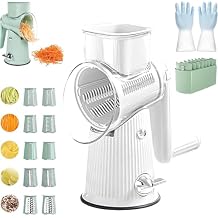 3 in 1 Rotary Cheese Grater Vegetable Slicer, 5 in 1 Food Chopper, Rotary Cheese Grater Vegetable Slicer with Blade Storage Box White