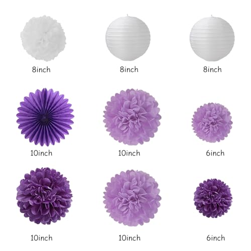 Image of Purple White Birthday Party-Decorations Paper-Flowers - 14pcs Happy Banner Lavender Lanterns Tissue Pom Poms,Lilac Streamers Garland Fans,Women Girls Adult Kids Office Hanging Supplies Decor Hugfond