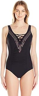 Christina Women's Artisan Flowers Embroidered One Piece Swimsuit with Lace-up Neck, Black, 8