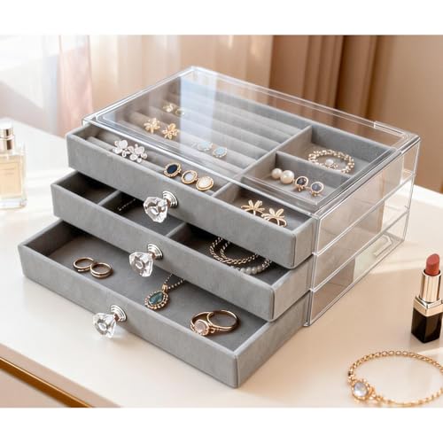 Jemjosh Clear Acrylic Velvet Jewelry Organizer with 3 Drawers, Stackable Display Storage Earrings Necklace Rings Bracelets Box Holder Case for Women, Grey by Jemjosh - Used condition - Image 3