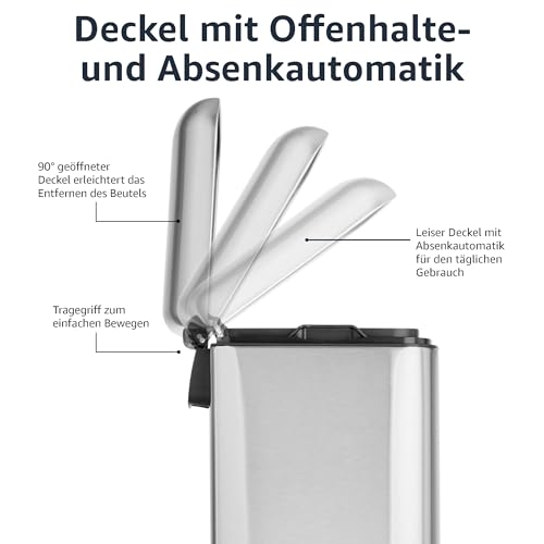 Amazon Basics Mülleimer, schmutzabweisend, rechteckig, mit sanft schließendem Fußpedal, für Badezimmer, Schlafzimmer, Wohnzimmer oder Büro, Nickel, 20 l