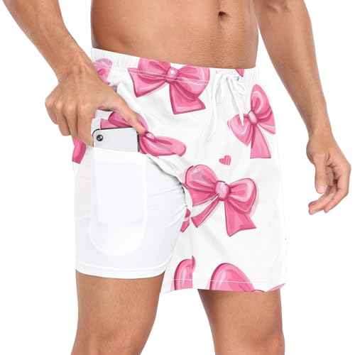 2 in 1 Mens Bow Pink Swim Trunks 4.7 Inch Swim Shorts Swim Suits Board Shorts（703）2