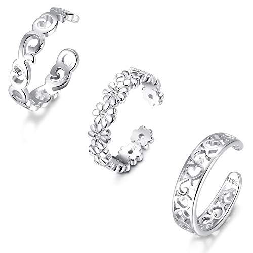 Sllaiss 3PCS 925 Sterting Silver Daisy Flower Toe Rings for Women Hawaiian Adjustable Rings Set Cubic Zirconia Open Band Rings Tail Finger Beach Foot Jewelry (Silver)