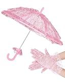 Solnique Mini Pink Lace Parasol with Floral Gloves for Girls Ages 5–12, Vintage Wedding Umbrella Set for Flower Girls, Kids Bridal Lace Umbrella for Tea Party & Photo Props (Pink)