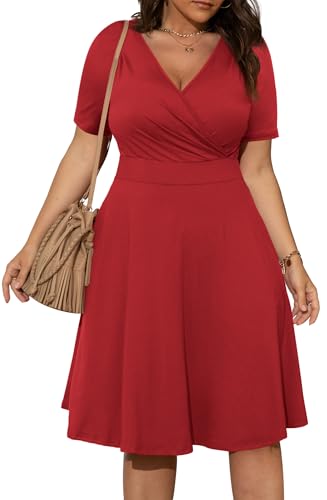 Image of POSESHE Womens Plus Size Dresses Summer Short Sleeve Wrap V-Neck Sundress Casual Wedding Guest Cocktail Dress with Pockets