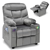 Maxmass Kids Sofa Chair, Mini Children Armchair with Adjustable Backrest & Footrest, Storage Pockets, Double Cup Holder, Padded Headrest & Armrest, Toddlers Recliner Chair for Boys Girls (Grey)