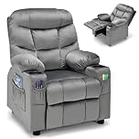 Maxmass Kids Sofa Chair, Mini Children Armchair with Adjustable Backrest & Footrest, Storage Pockets, Double Cup Holder, Padded Headrest & Armrest, Toddlers Recliner Chair for Boys Girls (Grey)