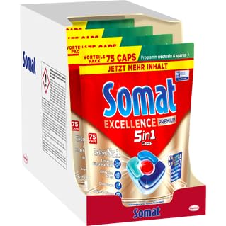 SOMAT Excellence Premium 5-in-1 Caps (4 x 75), Fast-Resolving Dishwasher Tablets with Extra Boost Even in Low Temperature, Short & Eco Programs, Removes Even 72 Hours of Dried Food Leftovers