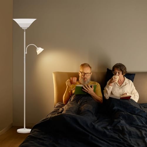 Image of SIBRILLE 2-in-1 Torchiere Floor Lamp, 34W Super Bright LED Standing Lamp with Remote & Touch Control, 72 inch Dimmable Adjustable Corner Reading Lamp for Living Room, Bedroom, Office, White