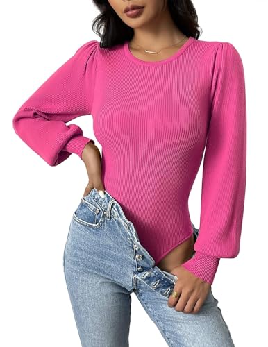 Image of Zeagoo Womens Sweaters Long Sleeve Bodysuits 2026 Fall Crewneck Puff Knit Pullover Tops