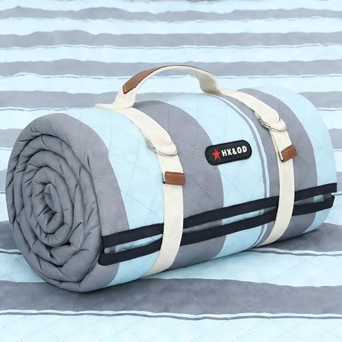 HX&OD Extra Large Picnic Outdoor Blanket, 80”x60” Waterproof Picnic Mat Foldable Camping Blanket Portable with Carry Strap for Beach Mat Outdoor Camping Party(Grey&Green)