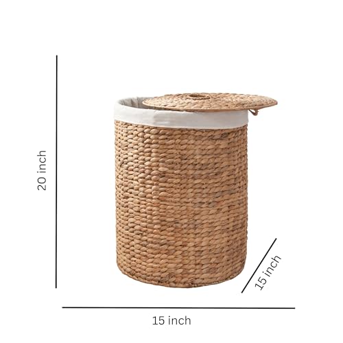Image of Round Handwoven Laundry Basket with Lid, 15 x 15 x 20 in - Water Hyacinth Wicker Hamper for Bedroom, Nursery & Laundry Room
